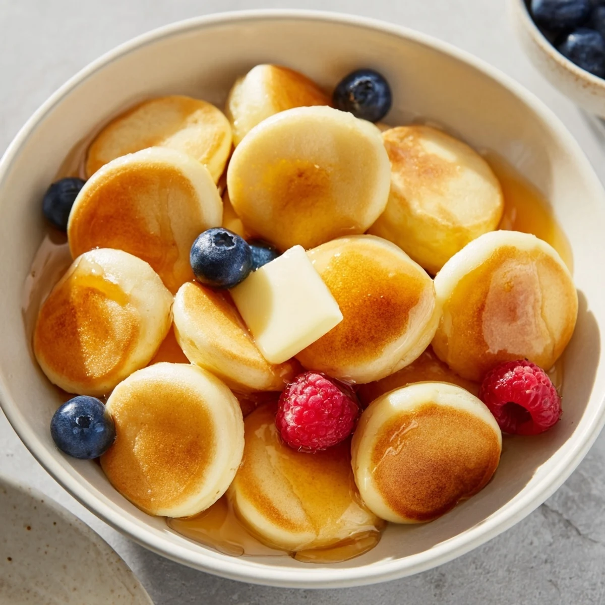 A close-up of a bowl of delicious, golden Pancake Cereal, a fun and easy breakfast treat.