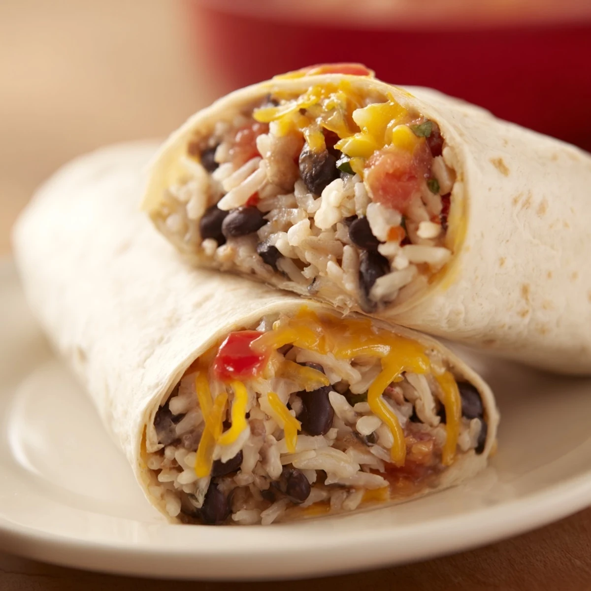 A delicious Freezer-Friendly Burrito, tightly wrapped and ready for the freezer.