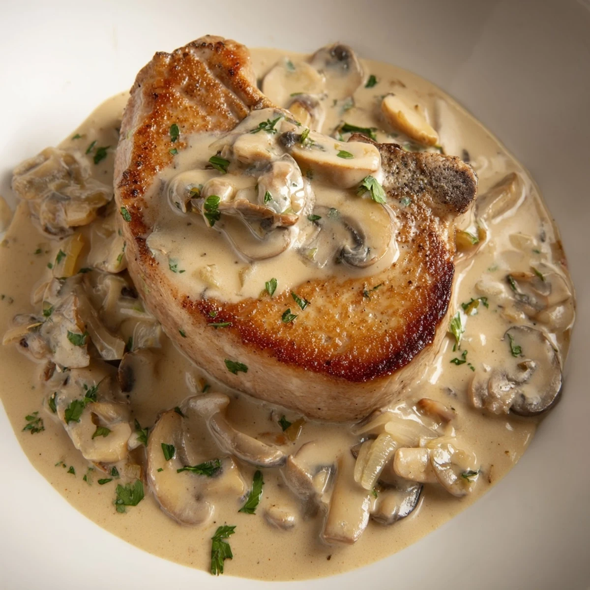 Golden-brown Stove Top Pork Chops with Cream of Mushroom Sauce, ready to be served on a plate.