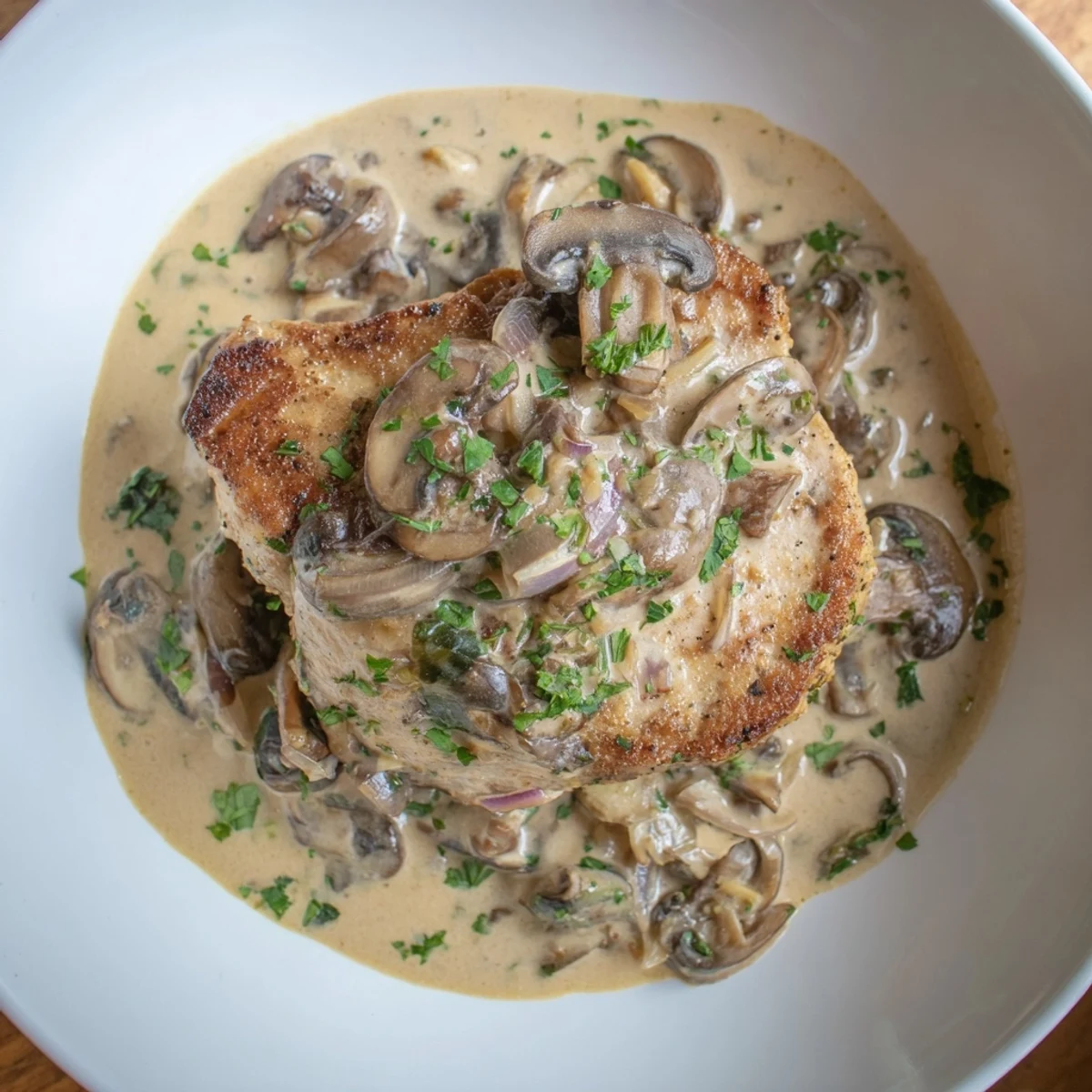 A close-up of tender Stove Top Pork Chops swimming in a creamy, mushroom-filled sauce.