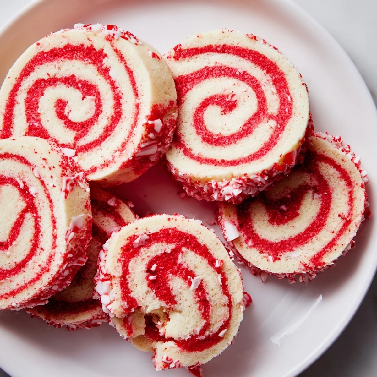 Freshly baked Candy Cane Pinwheel Cookies, swirled with red and white, ready to eat.