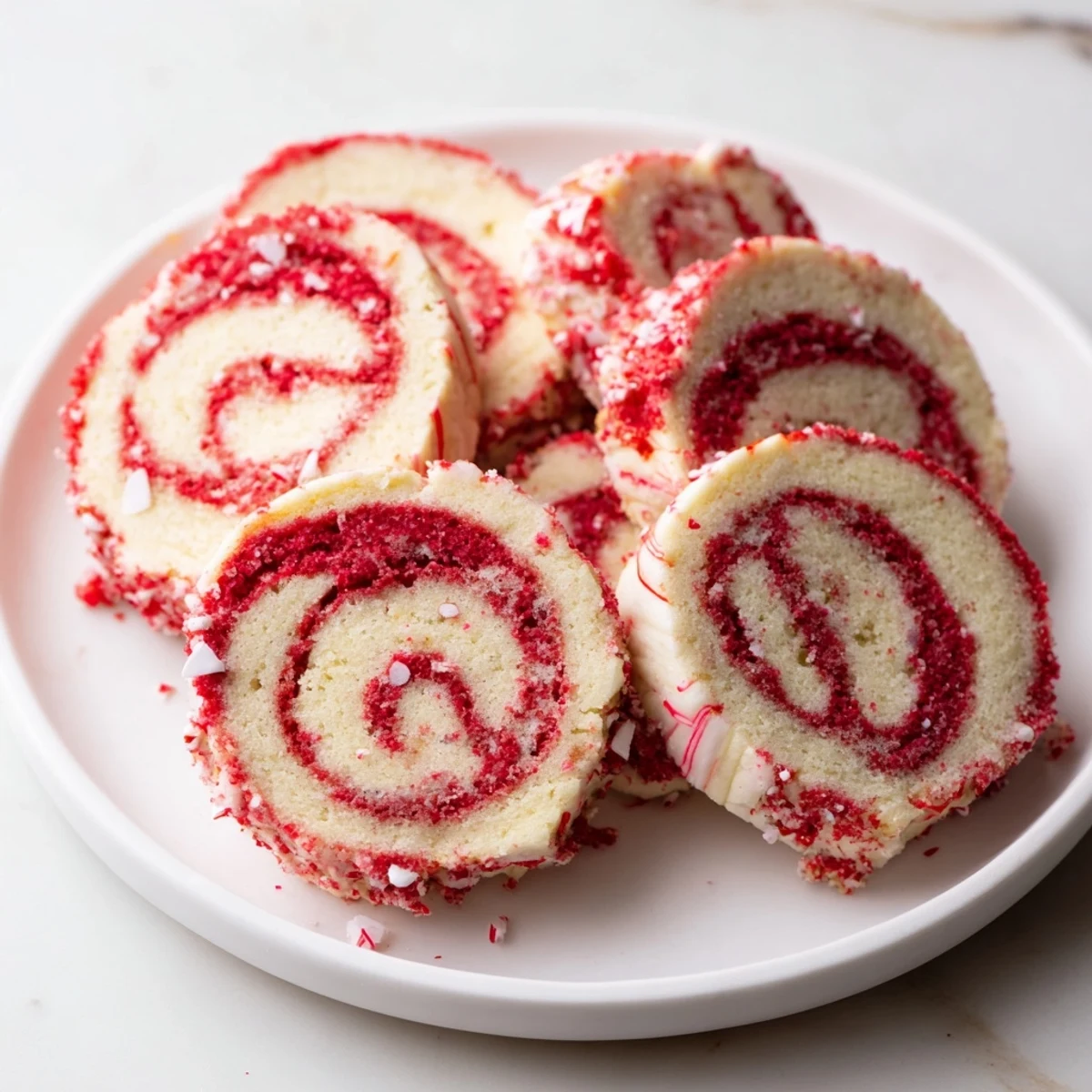 Close-up of Candy Cane Pinwheel Cookies showing beautiful peppermint-flavored swirls and crisp edges.