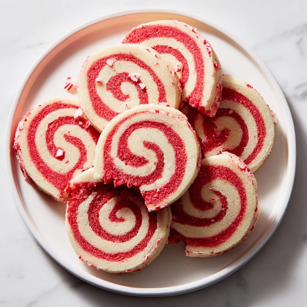 Festive plate of Candy Cane Pinwheel Cookies, a delightful holiday snack perfect for sharing.
