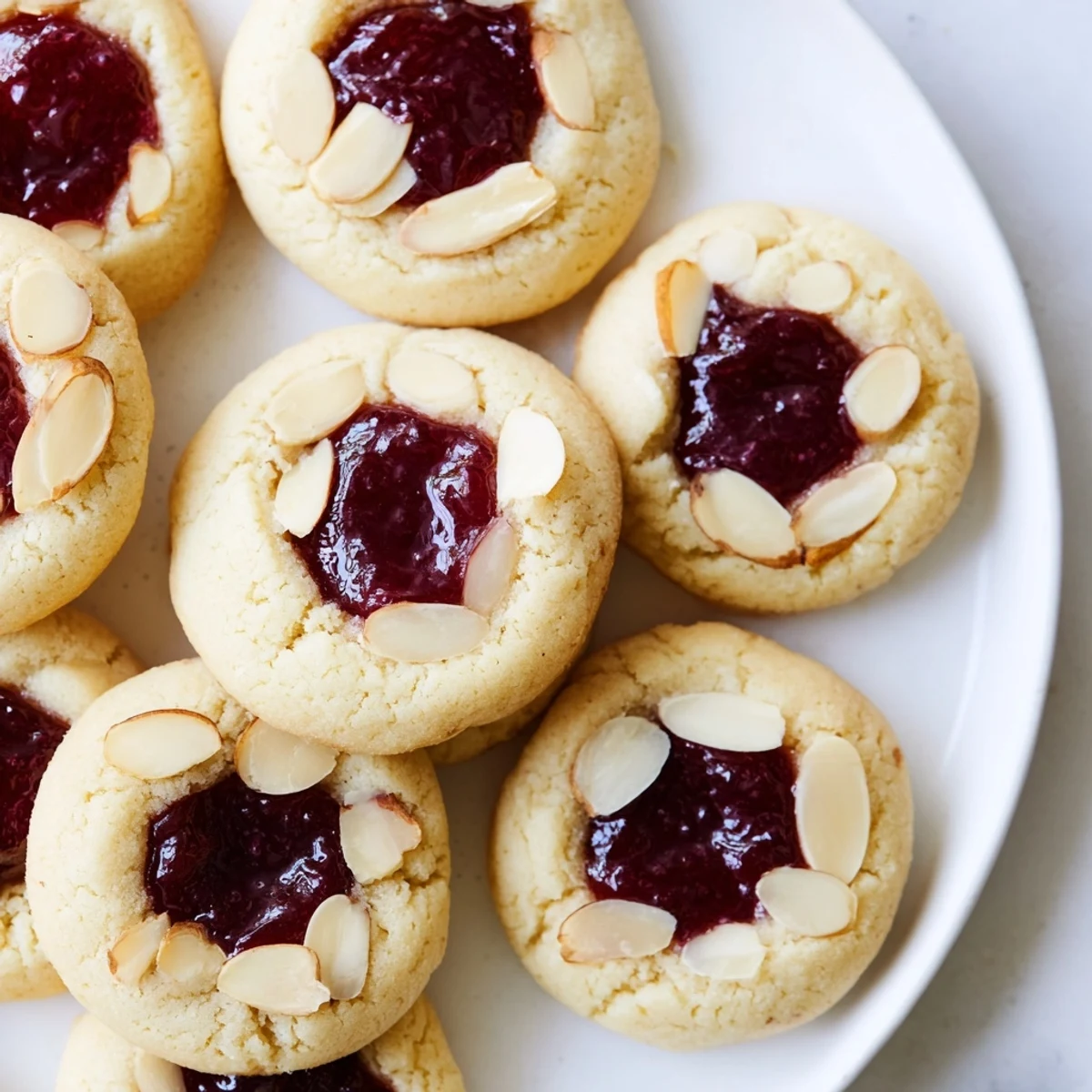 Golden cherry almond thumbprint cookies, buttery and filled with sweet cherry jam, perfect for dessert.