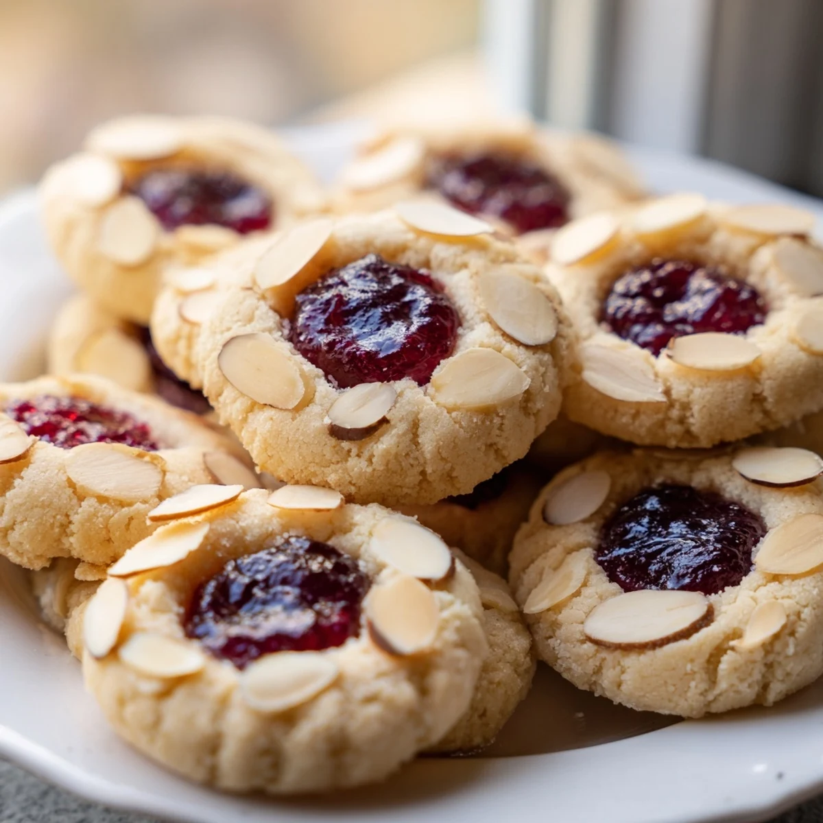 Freshly baked cherry almond thumbprint cookies, with a thumbprint indentation filled with vibrant red jam.