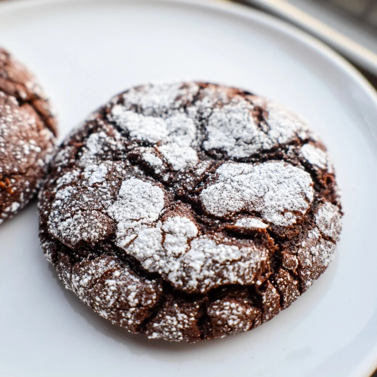 Warm, crackled Chocolate Gingerbread Crinkle Cookies are pictured, dusted with powdered sugar, ready to eat.