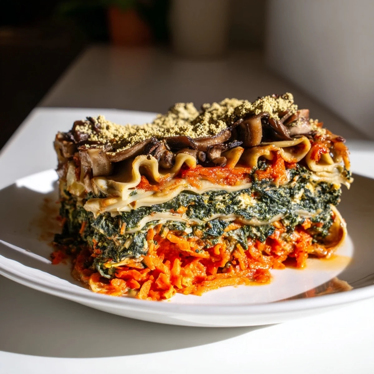 A steaming, hearty vegan mushroom spinach lasagna, perfect for a satisfying Italian dinner tonight.