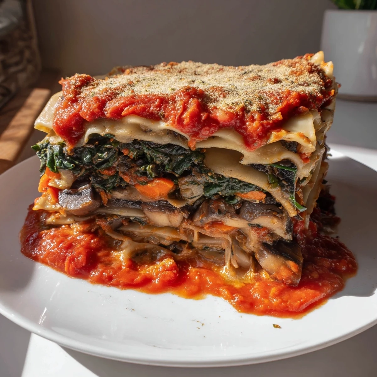 Golden, bubbling baked vegan mushroom spinach lasagna; imagine the savory layers and creamy béchamel sauce.