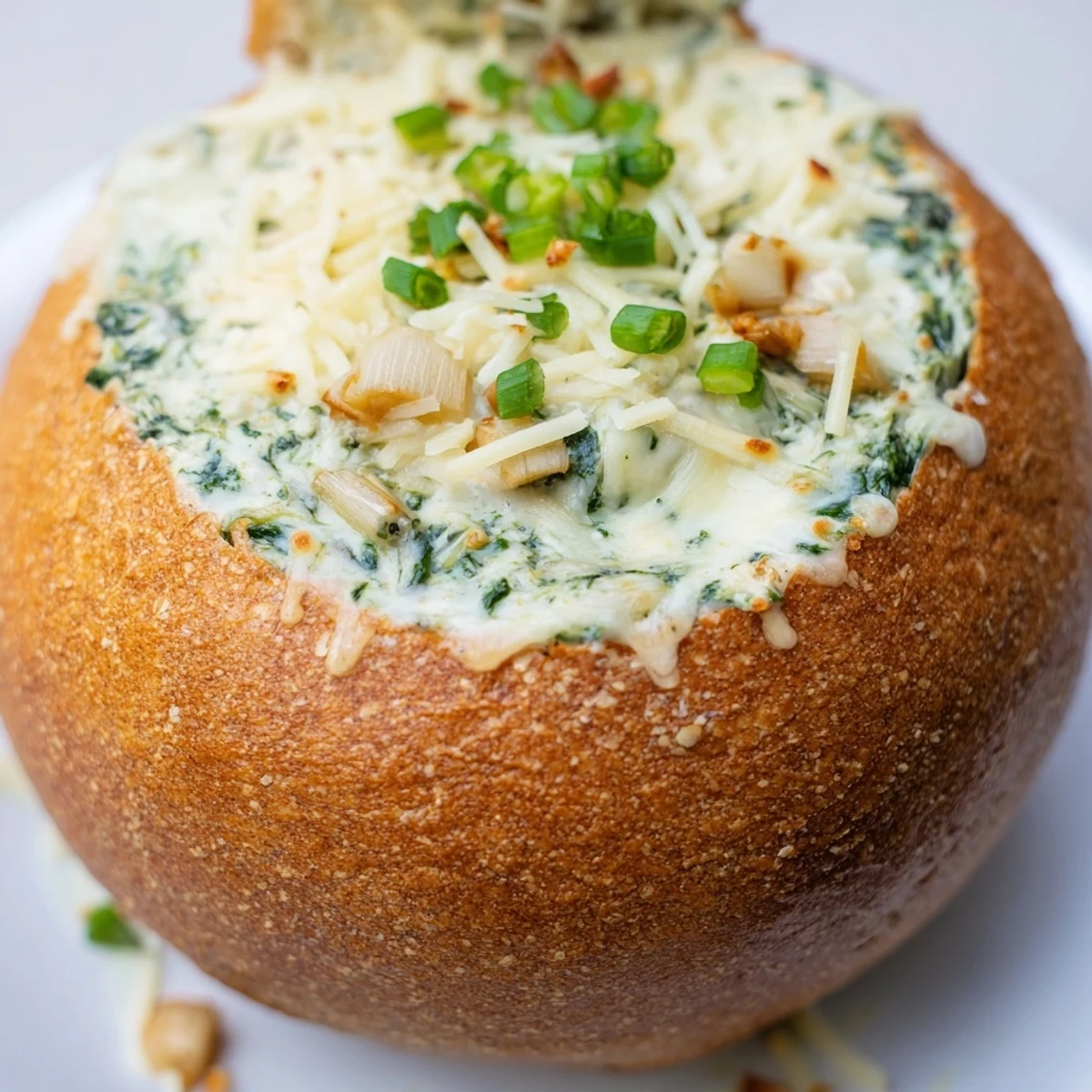 Warm, bubbling Best-Ever Spinach Dip in a crusty bread bowl, ready for dipping and sharing.