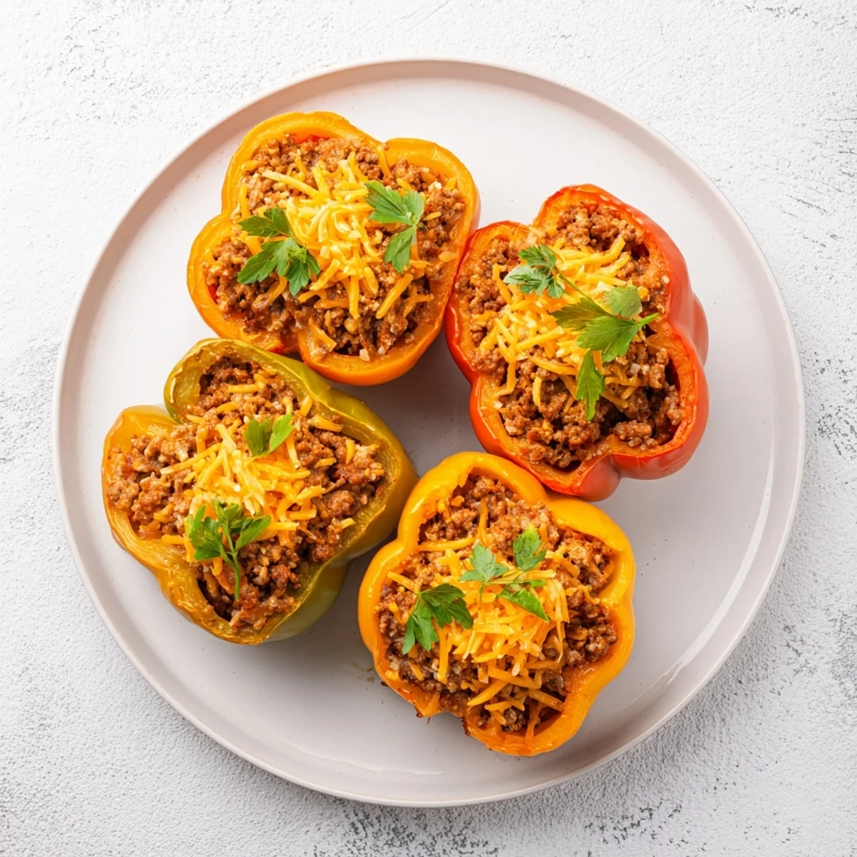 Sloppy Joe Stuffed Bell Peppers, filled with savory beef and melted cheese, bake until bubbly and fragrant.