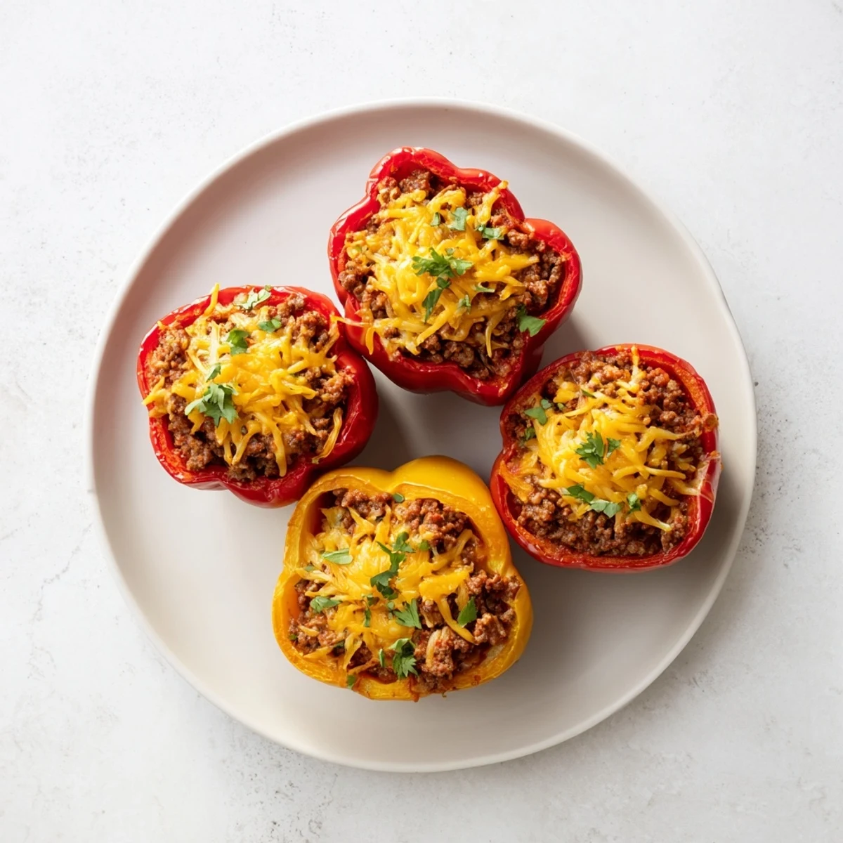Golden cheese covers Sloppy Joe Stuffed Bell Peppers, a delicious, easy, and family-friendly American meal idea.