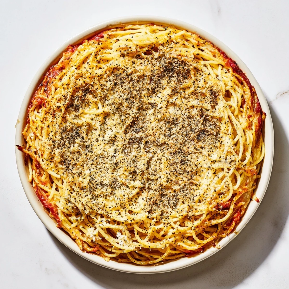 A comforting, cheesy Cacio e Pepe Pasta Pie with crispy edges, perfect for a family dinner.