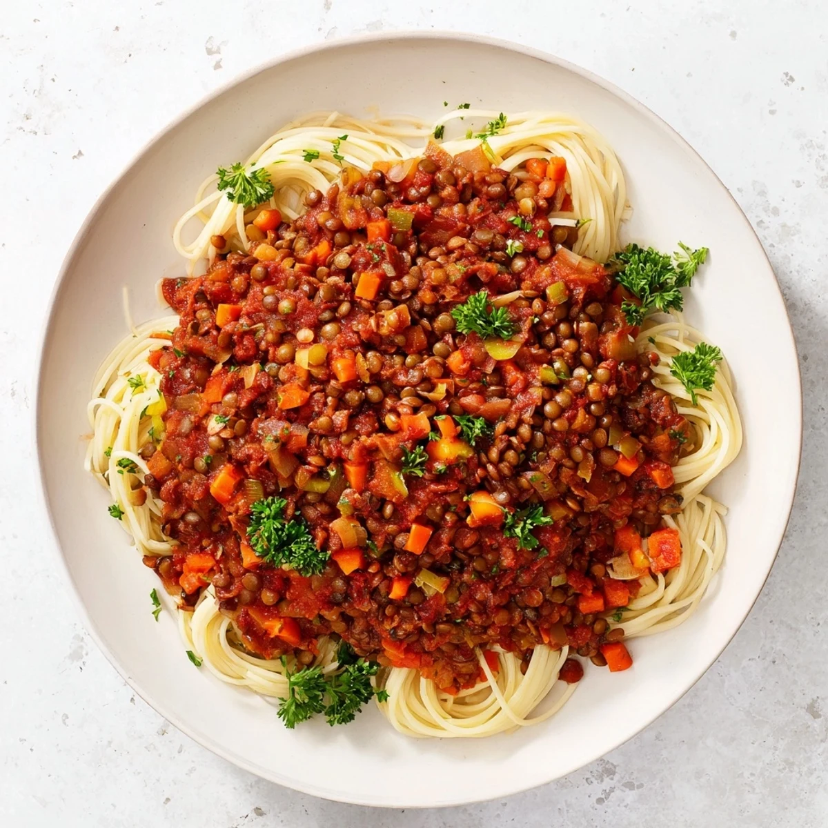 Steaming bowl of Hearty Lentil Bolognese, a hearty vegan meal served over pasta.