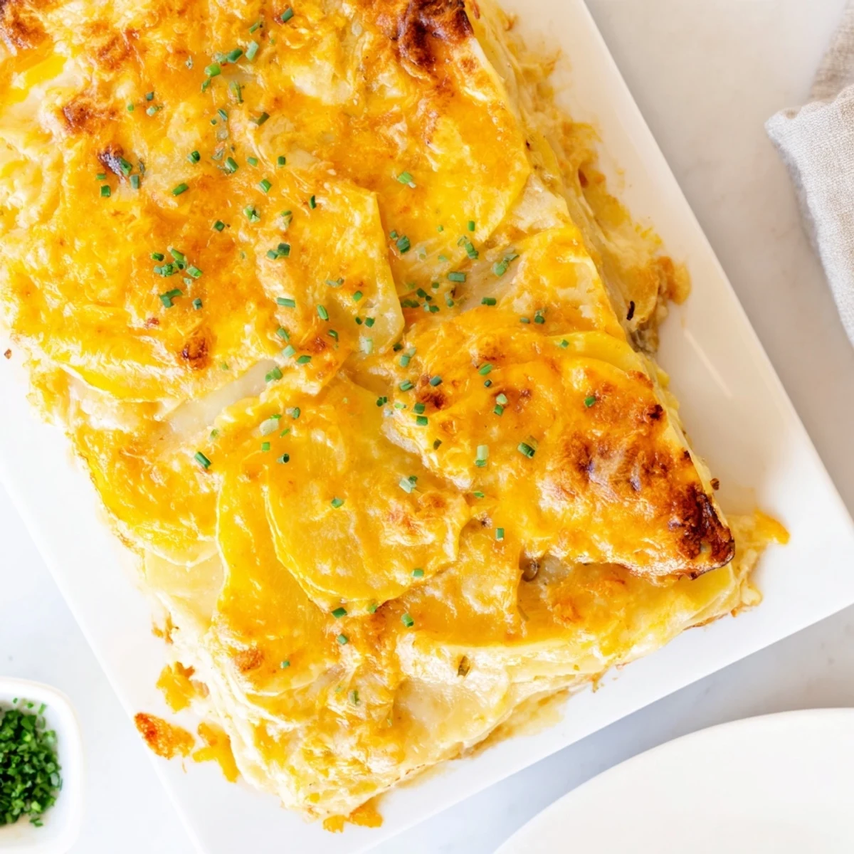 Golden-brown baked Cheesy Scalloped Potatoes with bubbling cheese and creamy layers, ready to serve.