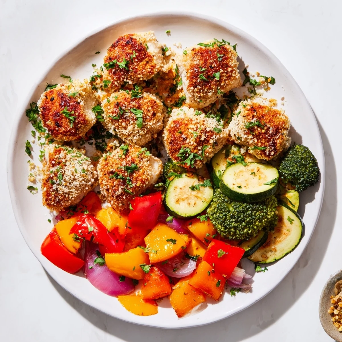 Golden Garlic Parmesan Chicken Bites, roasted with colorful vegetables, ready for a delicious dinner.