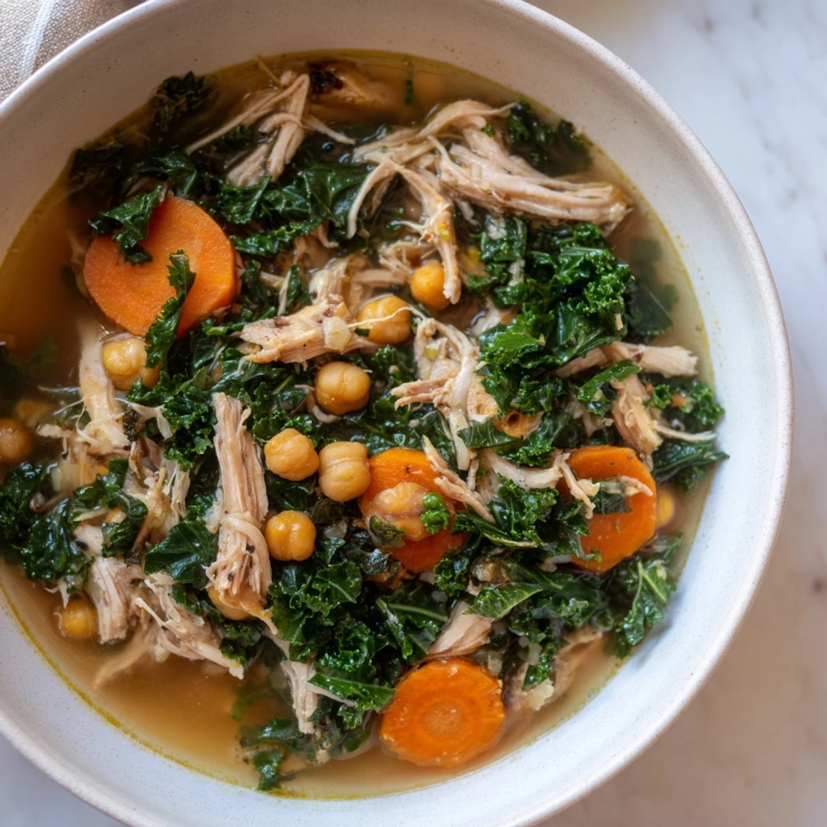 Steaming Chicken Kale Soup featuring vibrant kale and seasoned crispy chickpeas, ready to eat.