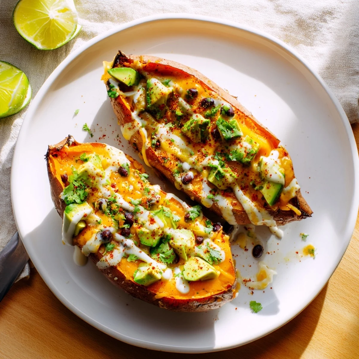 Steaming, loaded baked sweet potatoes with melty cheese, vibrant toppings, and a squeeze of lime.