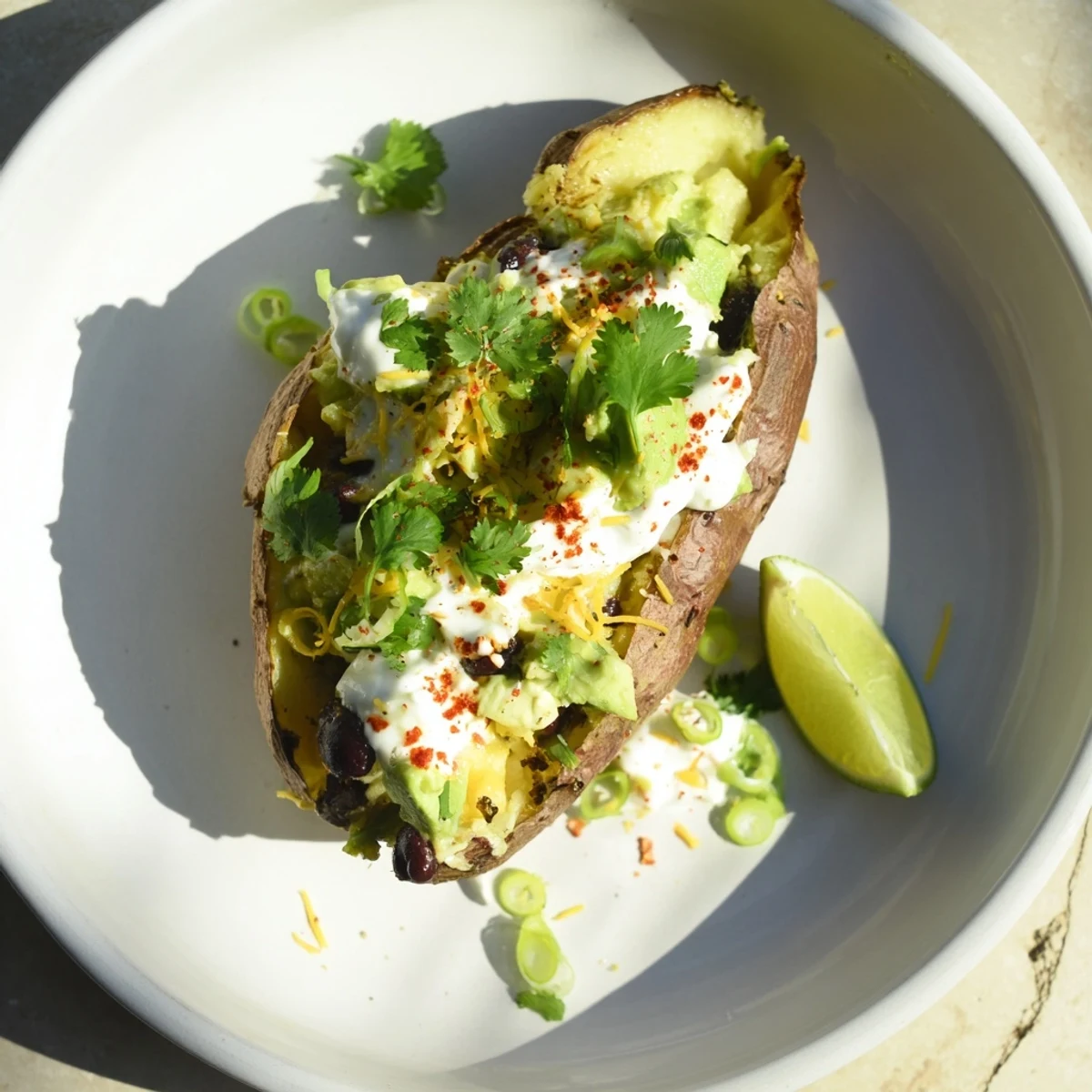 A close-up of fully loaded baked sweet potatoes: fluffy insides, black beans, corn, and a cheesy delight.