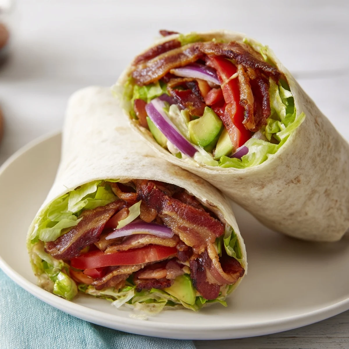Zesty BLT Wraps with Chipotle Mayo: A close-up of a wrap filled with bacon and fresh ingredients.