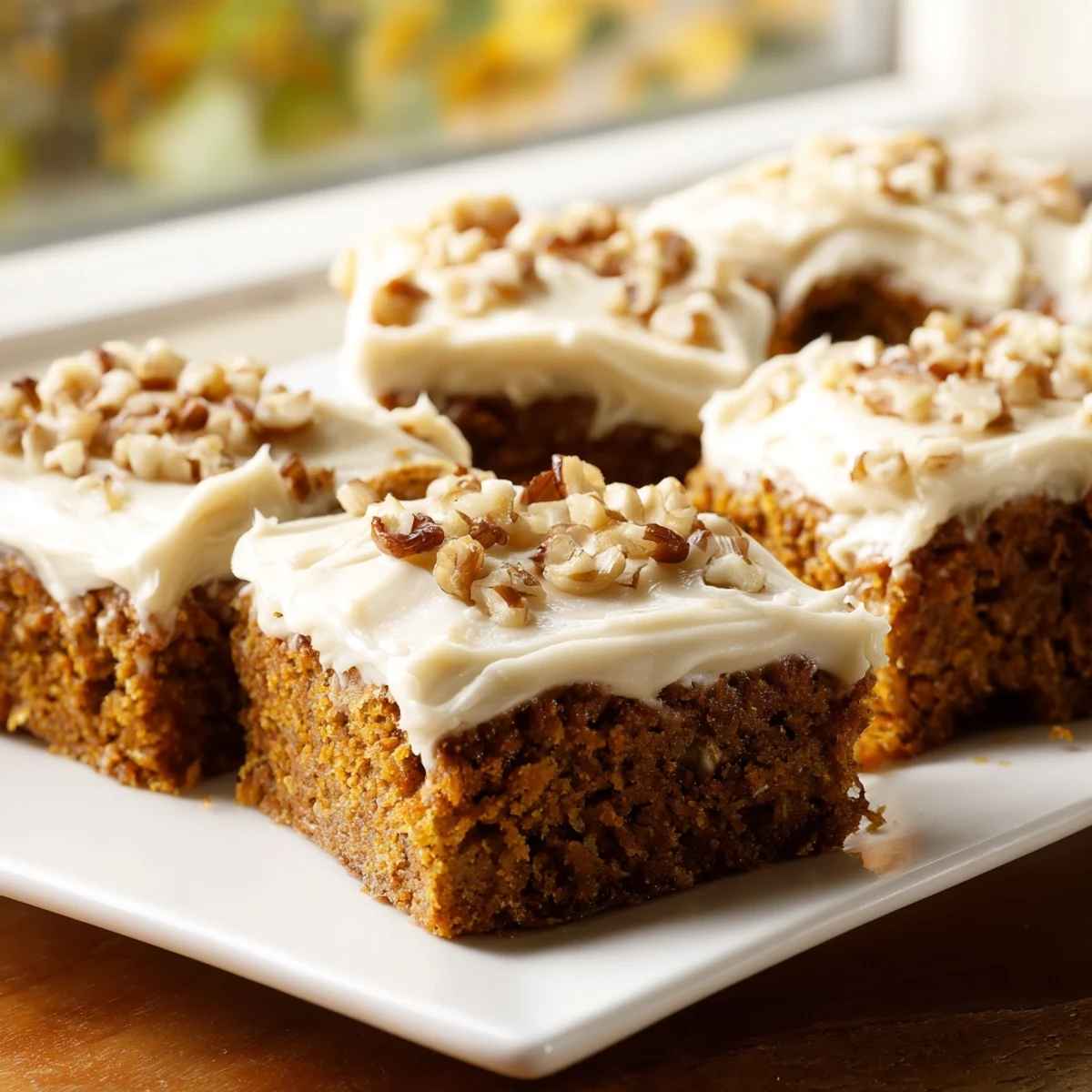 Golden, frosted pumpkin bars with a dusting of brown sugar, inviting a delicious bite.