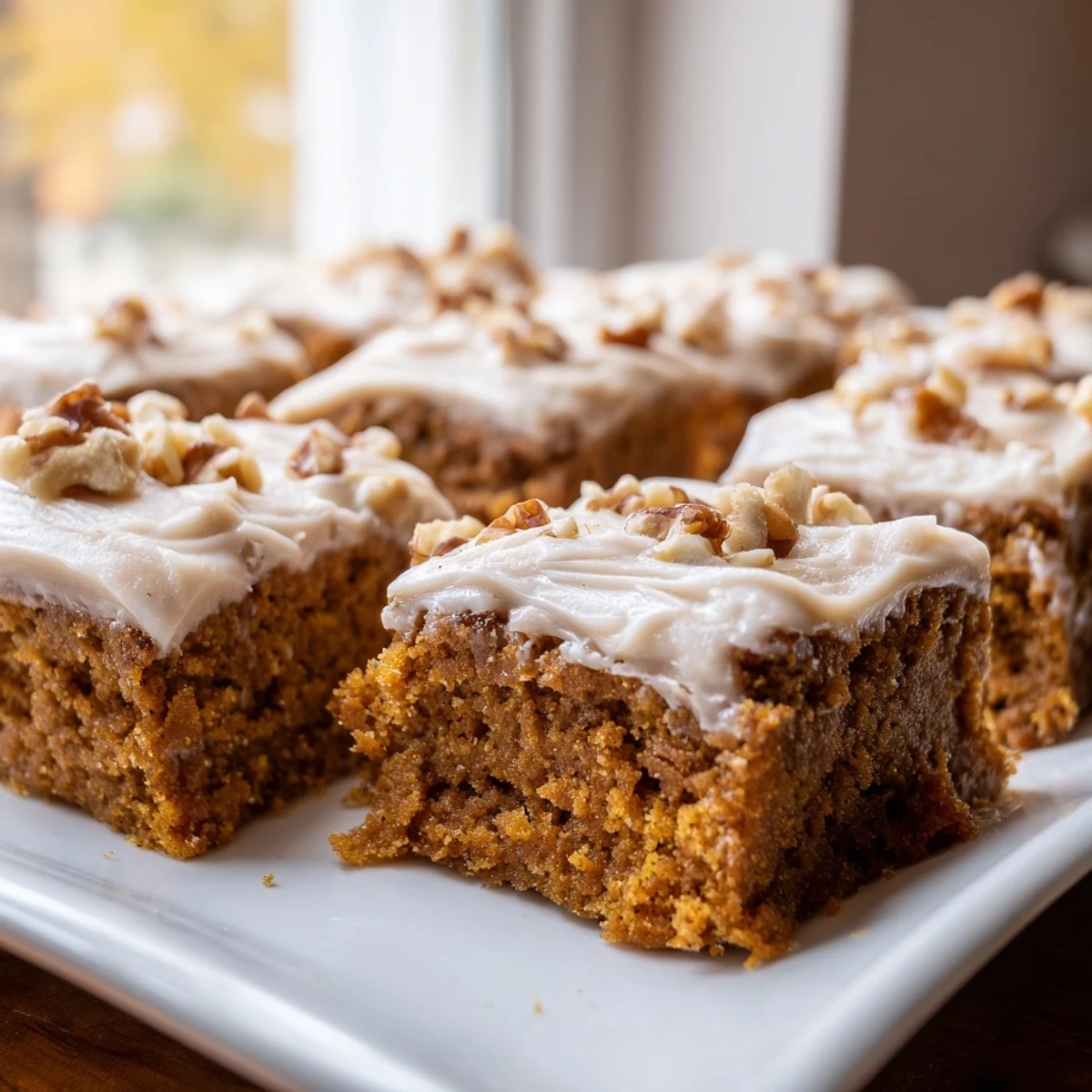 Served pumpkin bars, showing a layered delight, the pumpkin spiced cake with frosting.