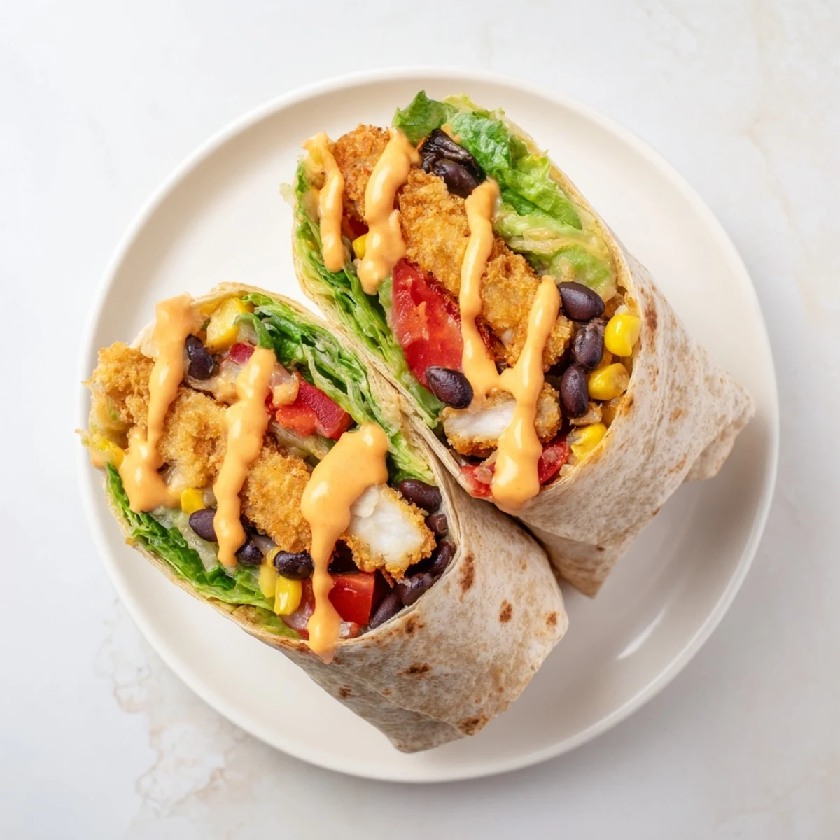 Golden-brown Southwest Chicken Wrap cut in half, revealing colorful fillings and creamy dressing.