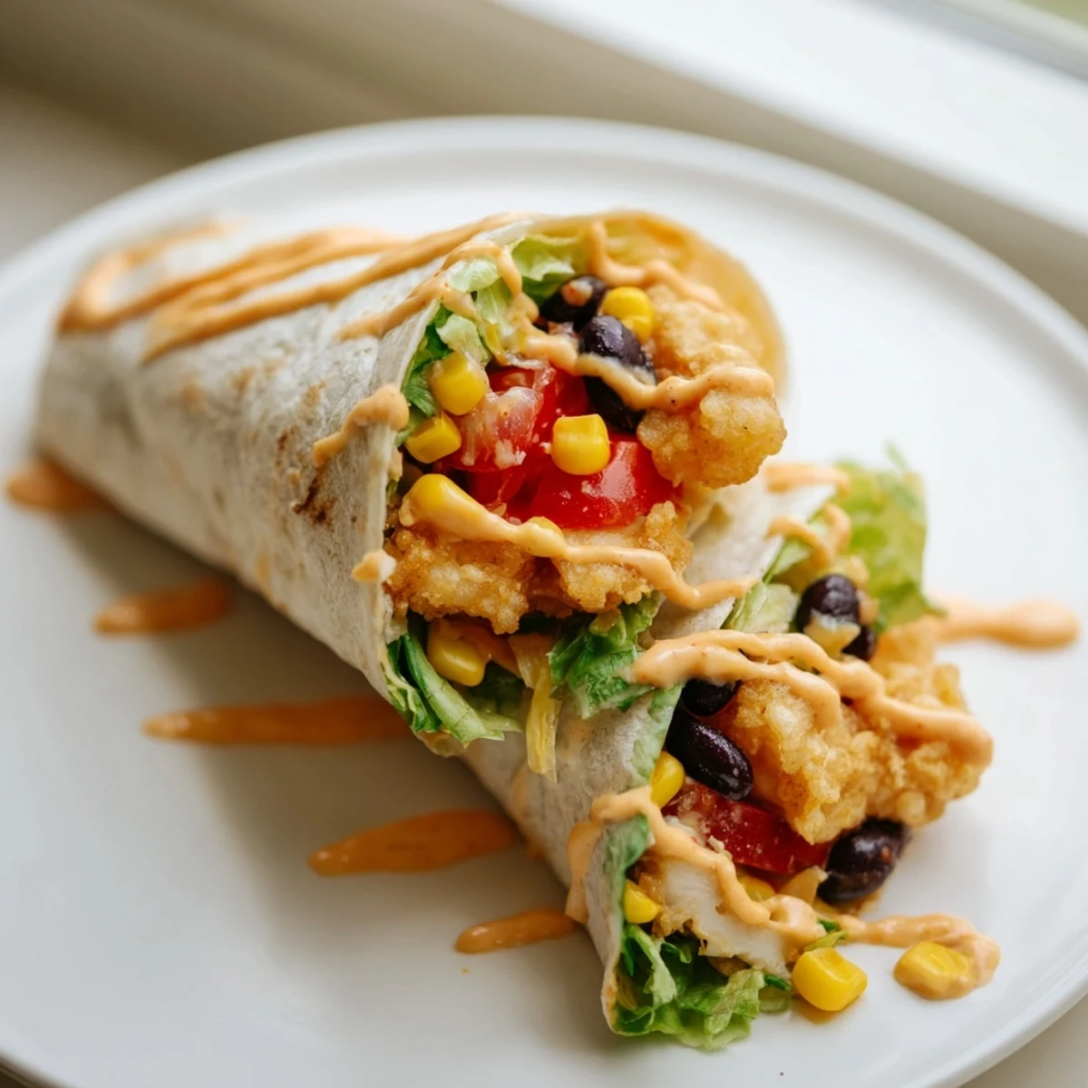 Freshly made Southwest Chicken Wrap bursting with chicken, black beans, and a flavorful sauce.
