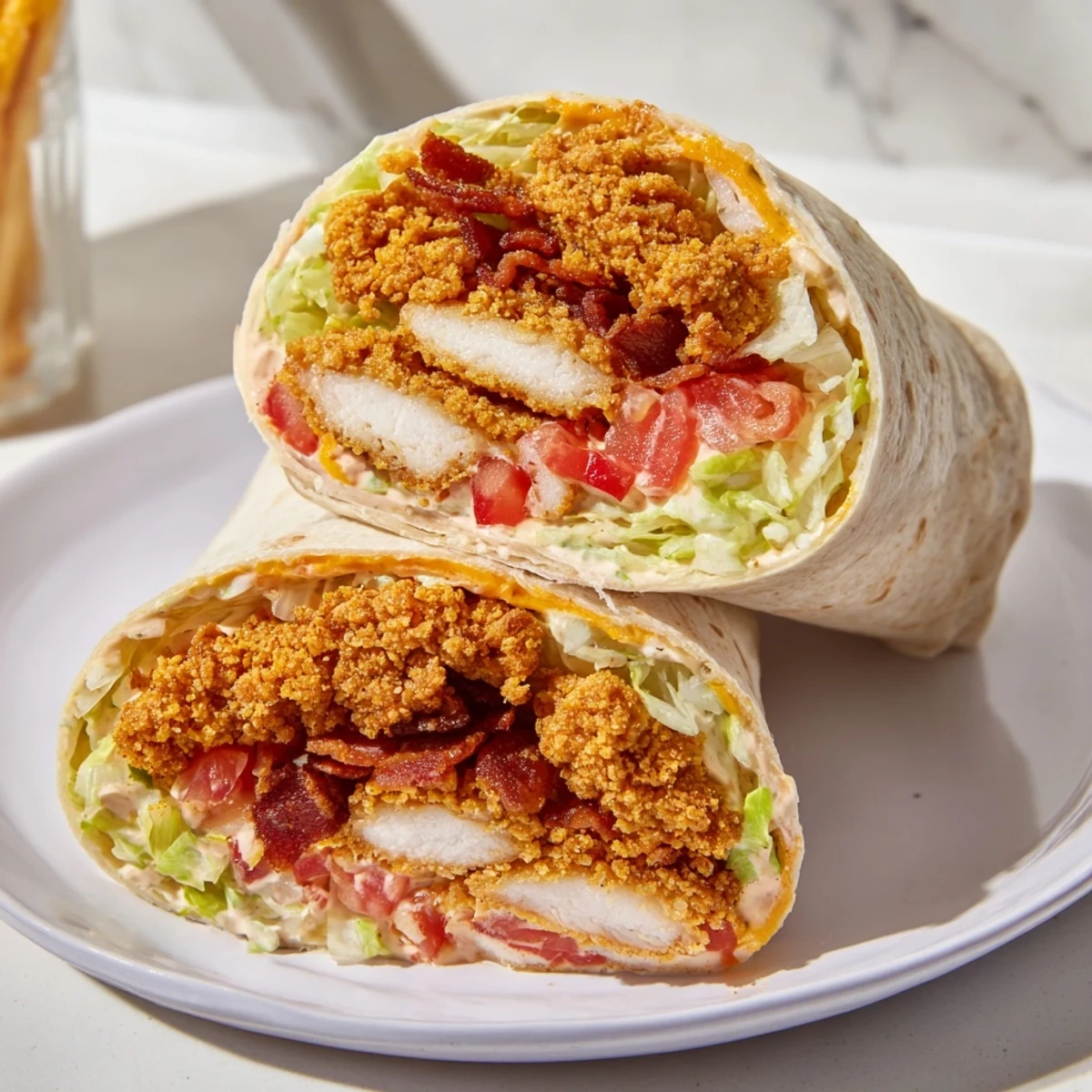 Golden-brown, crispy chicken bacon ranch wrap, overflowing with fresh, vibrant fillings and cheese.