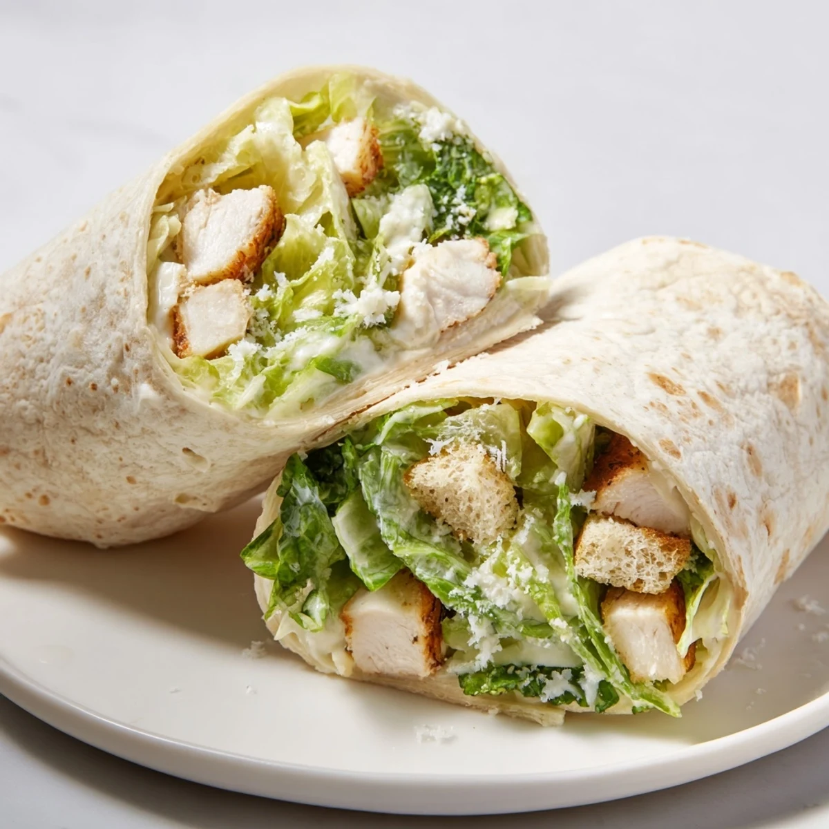 A close-up of delicious Chicken Caesar Wraps, ready to eat with visible chicken and Parmesan cheese.