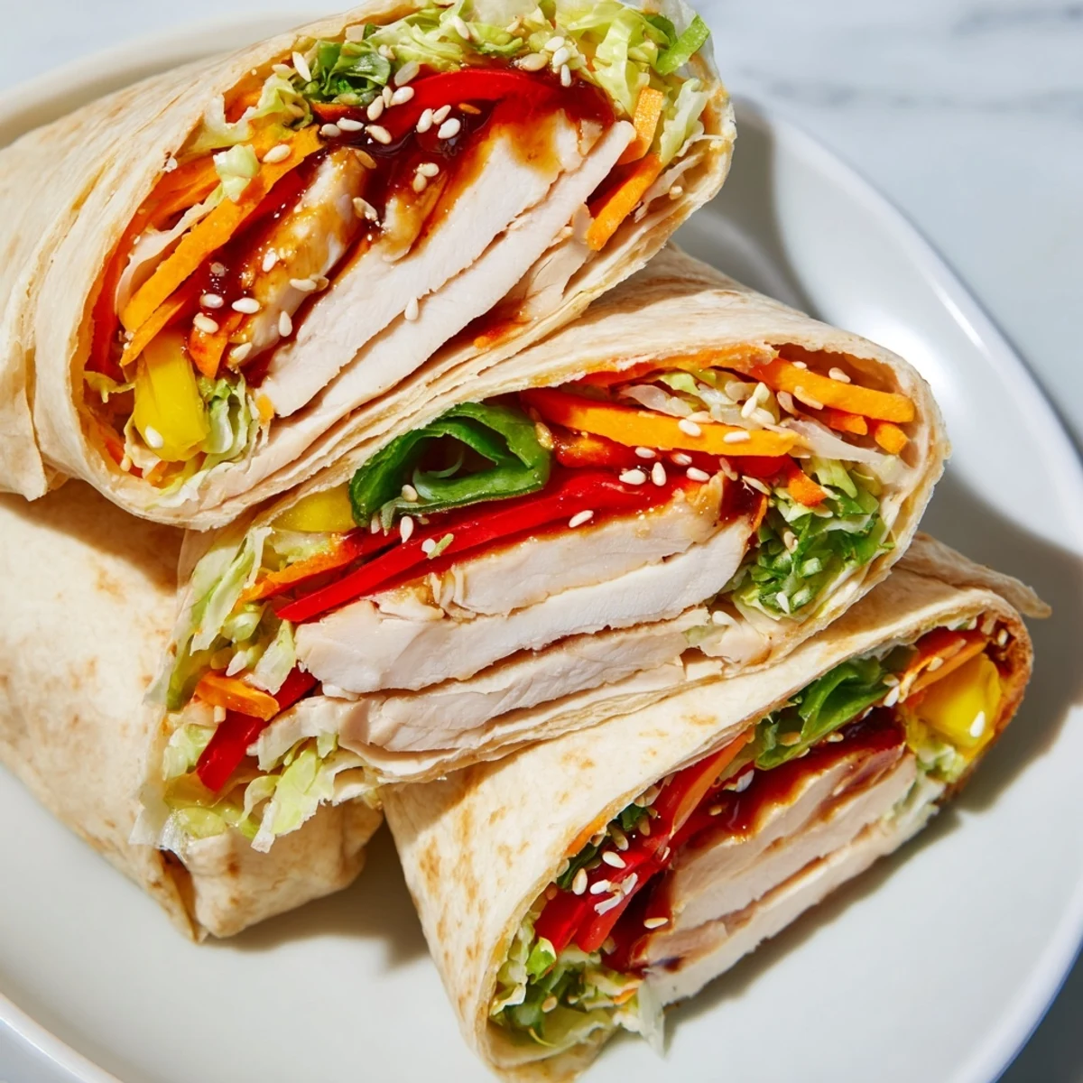 A close-up shot of a delicious teriyaki chicken wrap, showing off juicy chicken and fresh fillings.