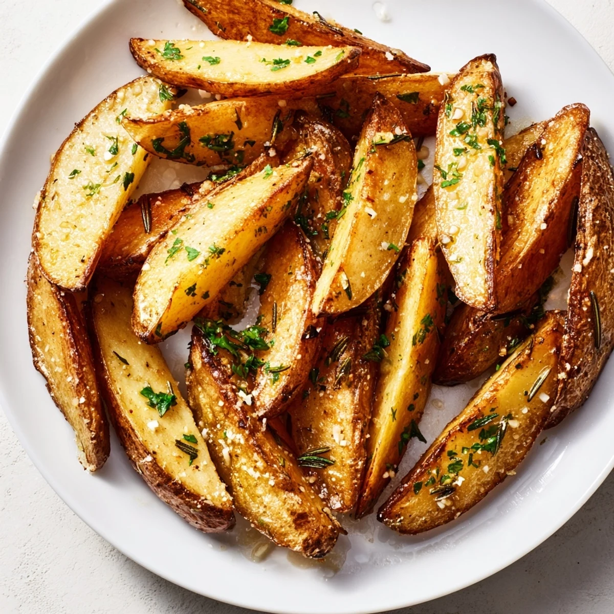 Golden, crispy Quick Rosemary Roast Potato Wedges, ready to serve with fresh parsley sprinkled on top.