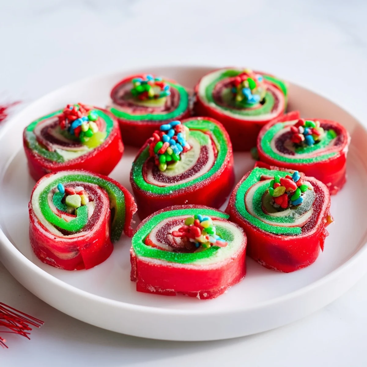 Vibrant Easy Christmas Fruit Rollup Sushi with colorful candies and chewy fruit rollups arranged as festive rolls.