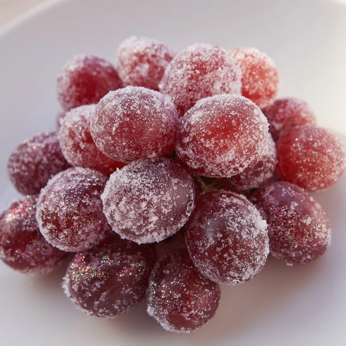 Enjoy a close-up of beautifully sugared Quick Festive Frozen Grape Treats, perfect for a party appetizer.