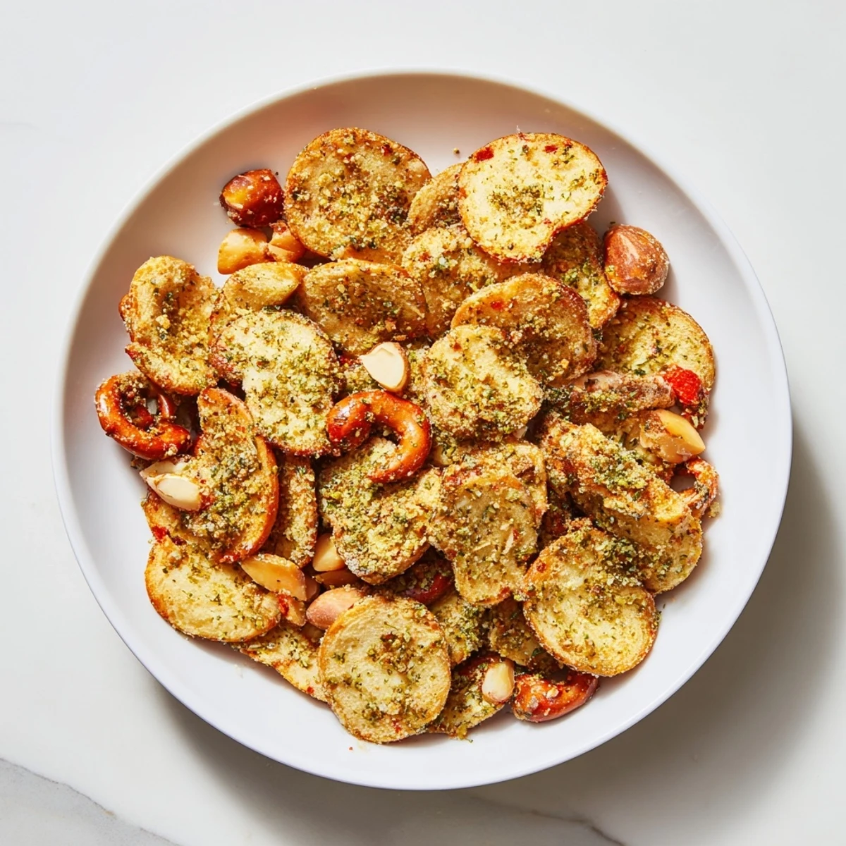 Golden, crunchy Air Fryer Bagel Chip Christmas Mix boasting festive red, green and brown colors.