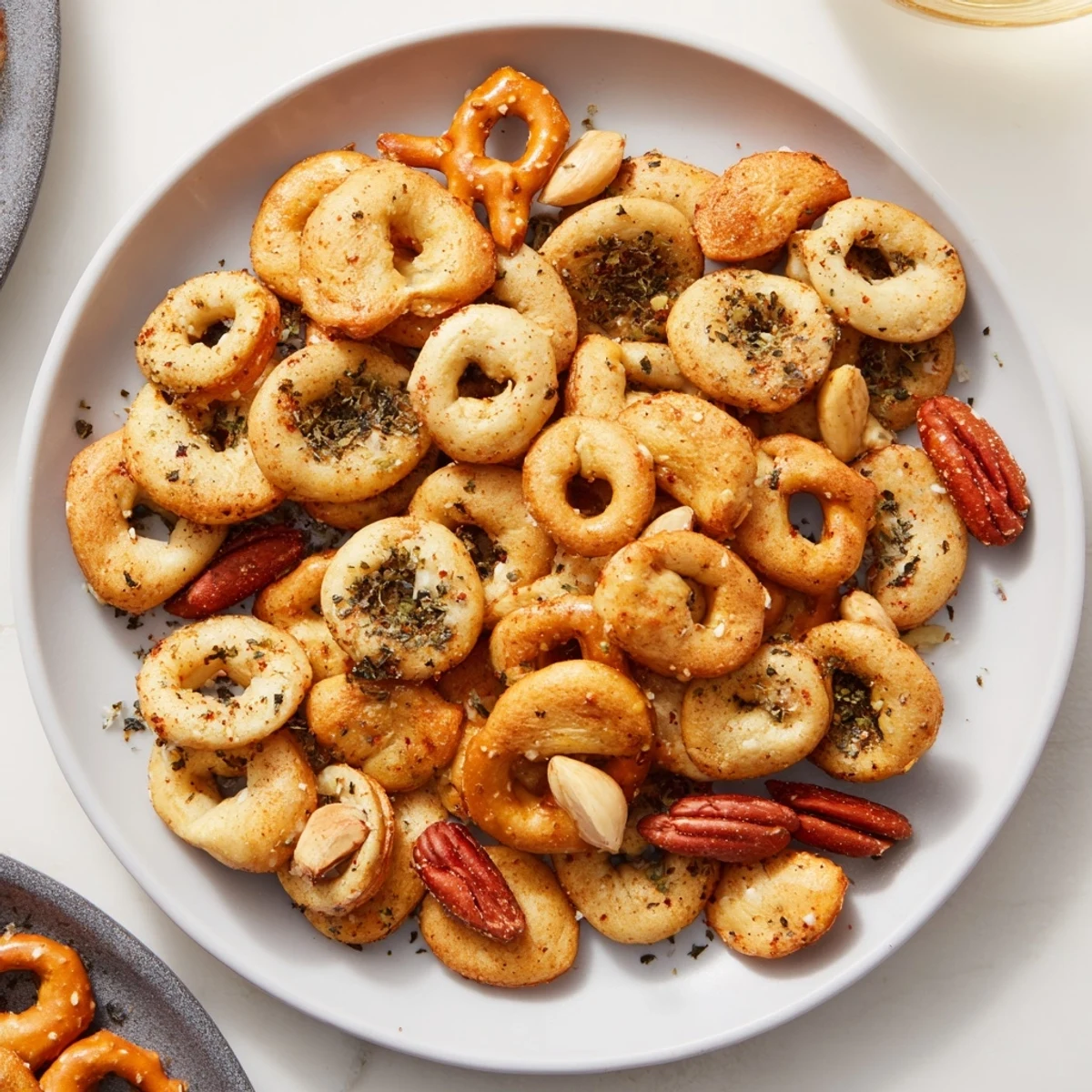 A close-up of air-fried bagel chips in this savory-sweet Christmas Mix, ready to eat!