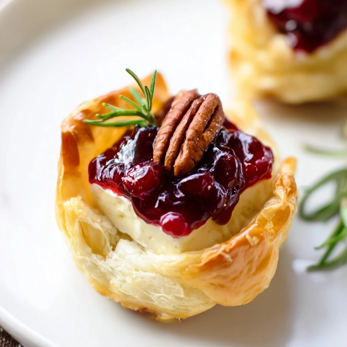Warm Express Cranberry Sauce Brie Bites: creamy Brie, sweet cranberry, and flaky pastry, ready to enjoy.