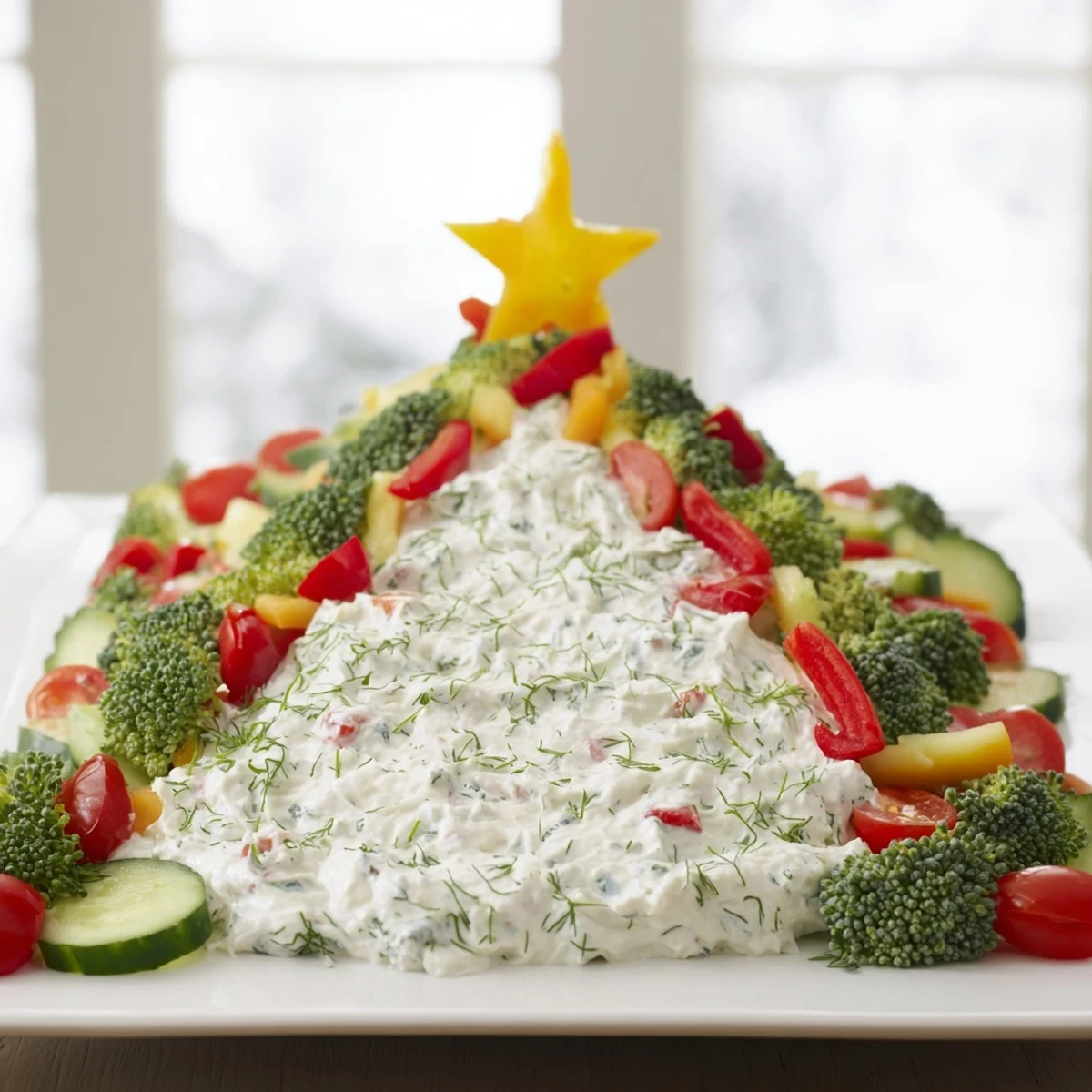 Festive Simplified Christmas Tree Dip arranged on a platter, ready with vegetables and crackers for serving.