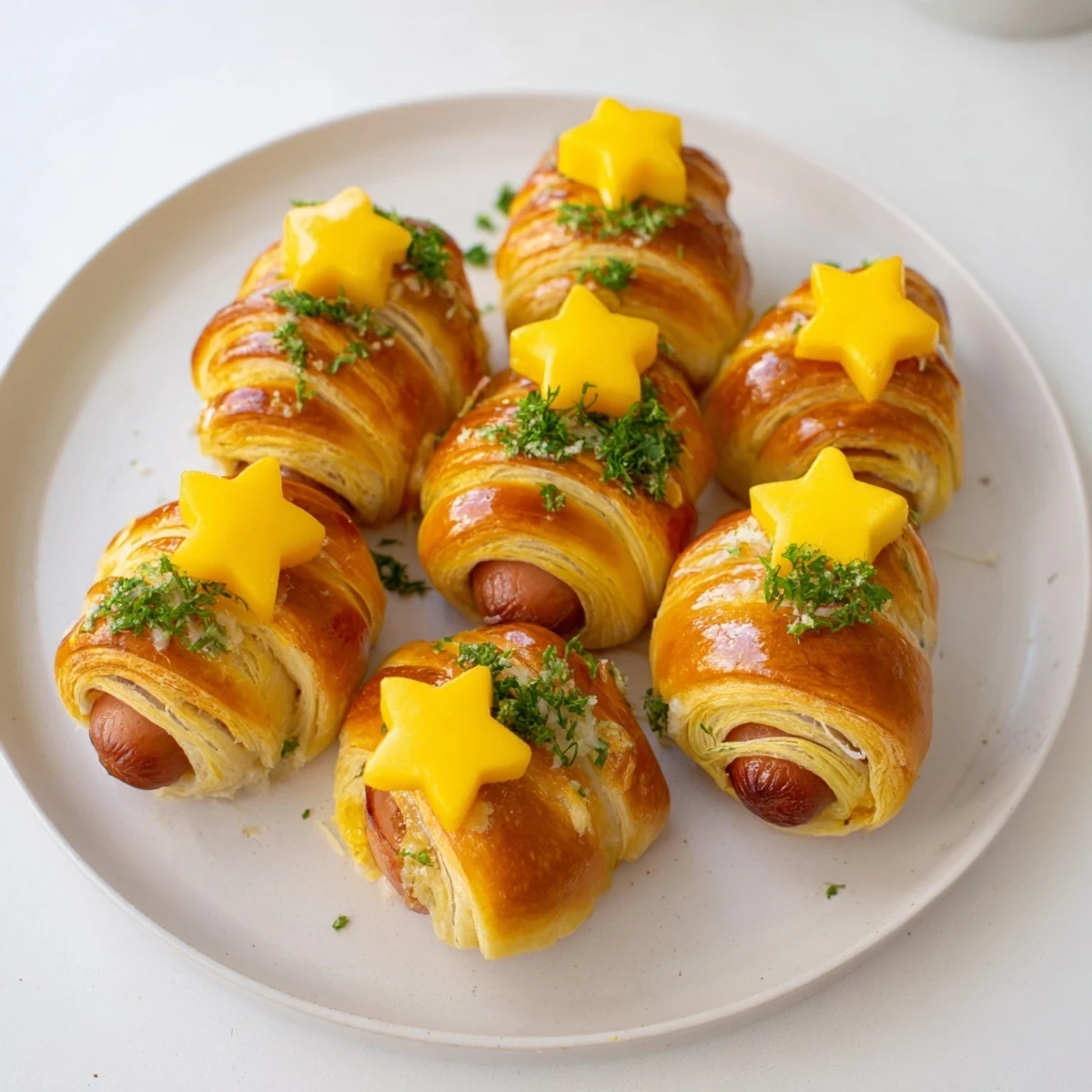 Golden-baked Express Pigs in Blanket Christmas Tree arranged with tasty wrapped sausages ready to eat.
