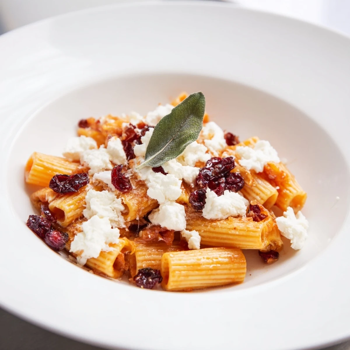 A close-up of a warm Cranberry-Sage Feta Pasta Bake, showcasing the melty cheese topping and vibrant cranberries.