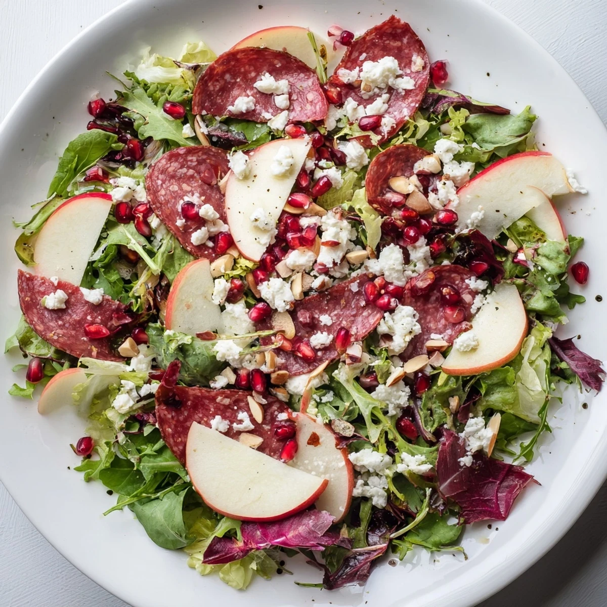 A brightly lit Hot Girl Christmas Salad with glistening balsamic dressing and salami ribbons.