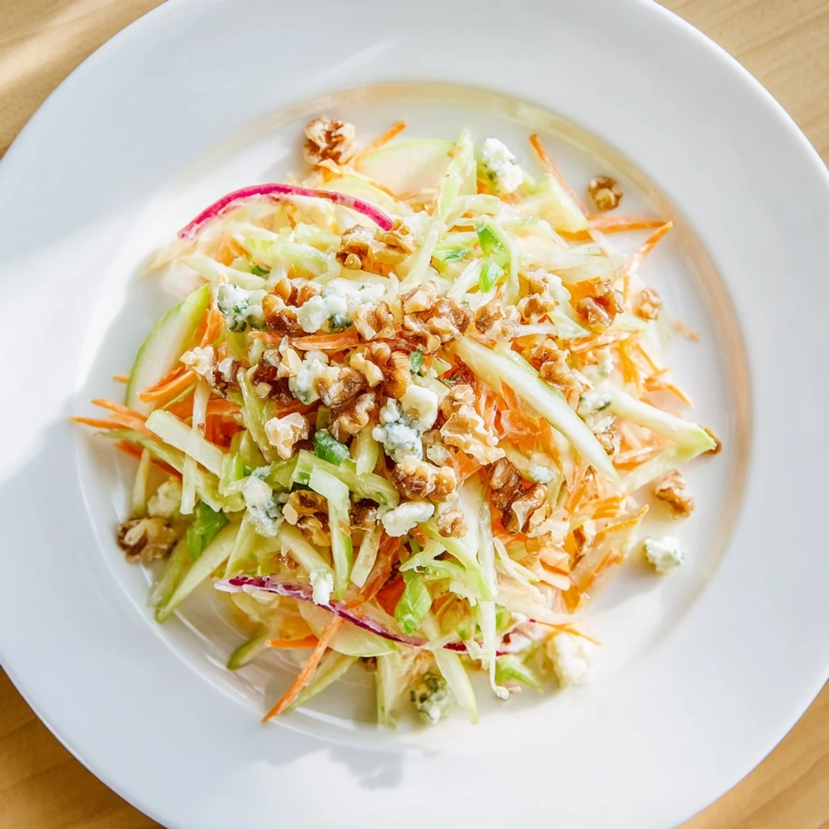 A close-up view of the delicious Crunchy Apple & Walnut Slaw with Blue Cheese, perfect for a light vegetarian lunch.