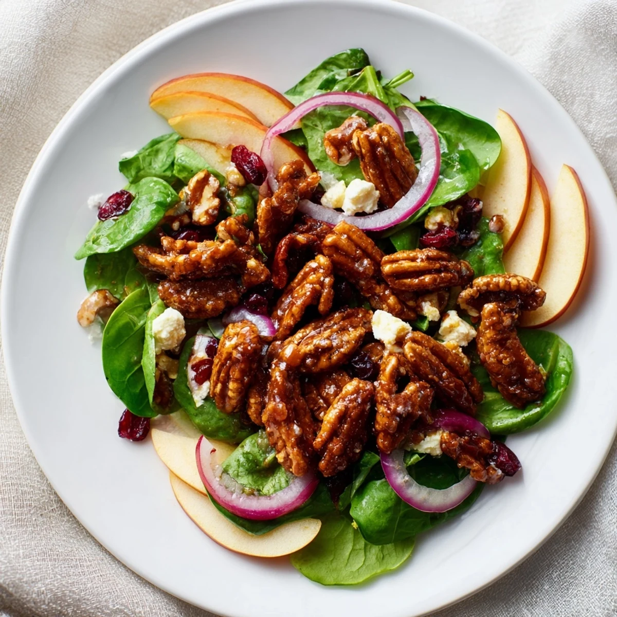 Gingerbread Spiced Candied Pecan Salad, showcasing crisp greens, goat cheese, red onion, and cranberries.