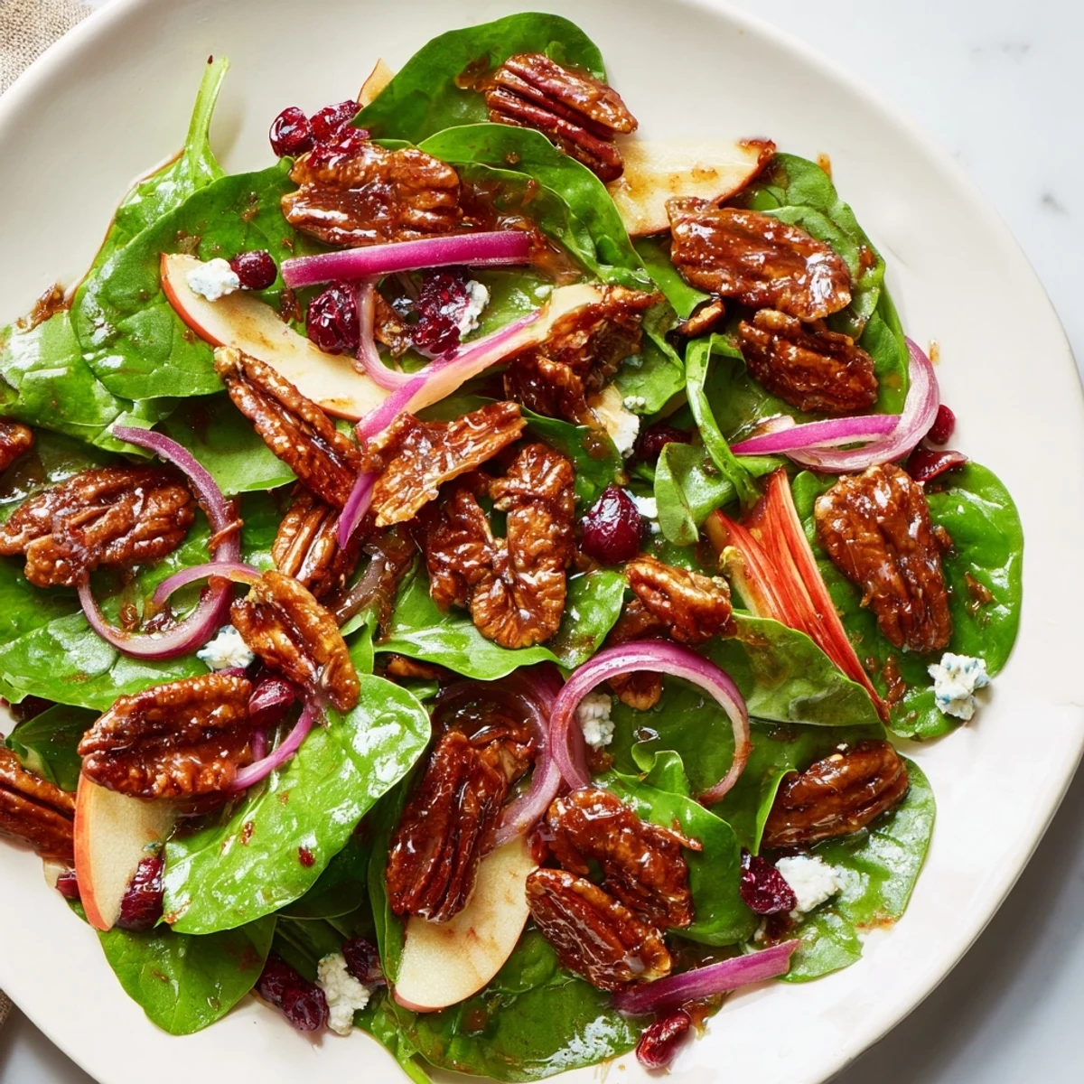 Close-up of a festive bowl: Gingerbread Spiced Candied Pecan Salad with maple balsamic dressing.