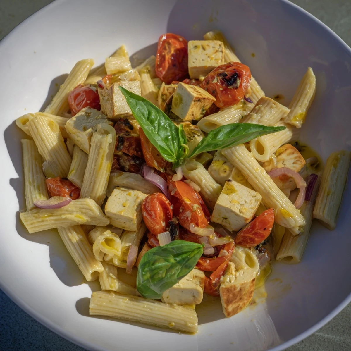 Golden baked tofu feta combined with roasted tomatoes creates an amazing Vegan Baked Tofu Feta Pasta.