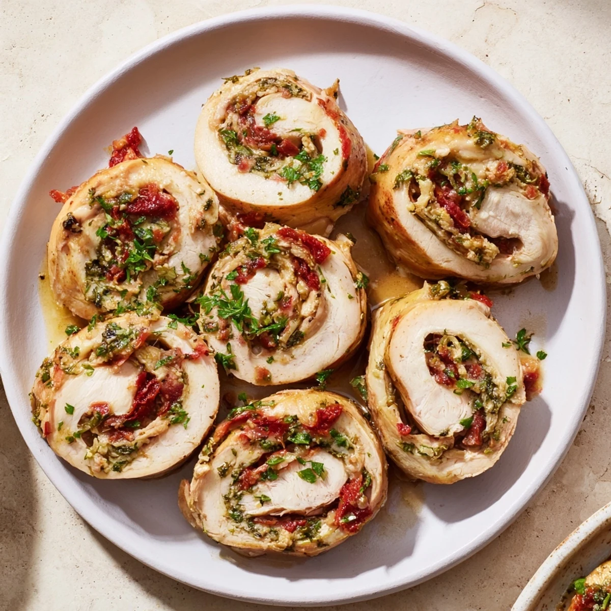 Savory Marry Me Chicken and Stuffing Roulades, with a sun-dried tomato cream sauce, fresh from the oven.