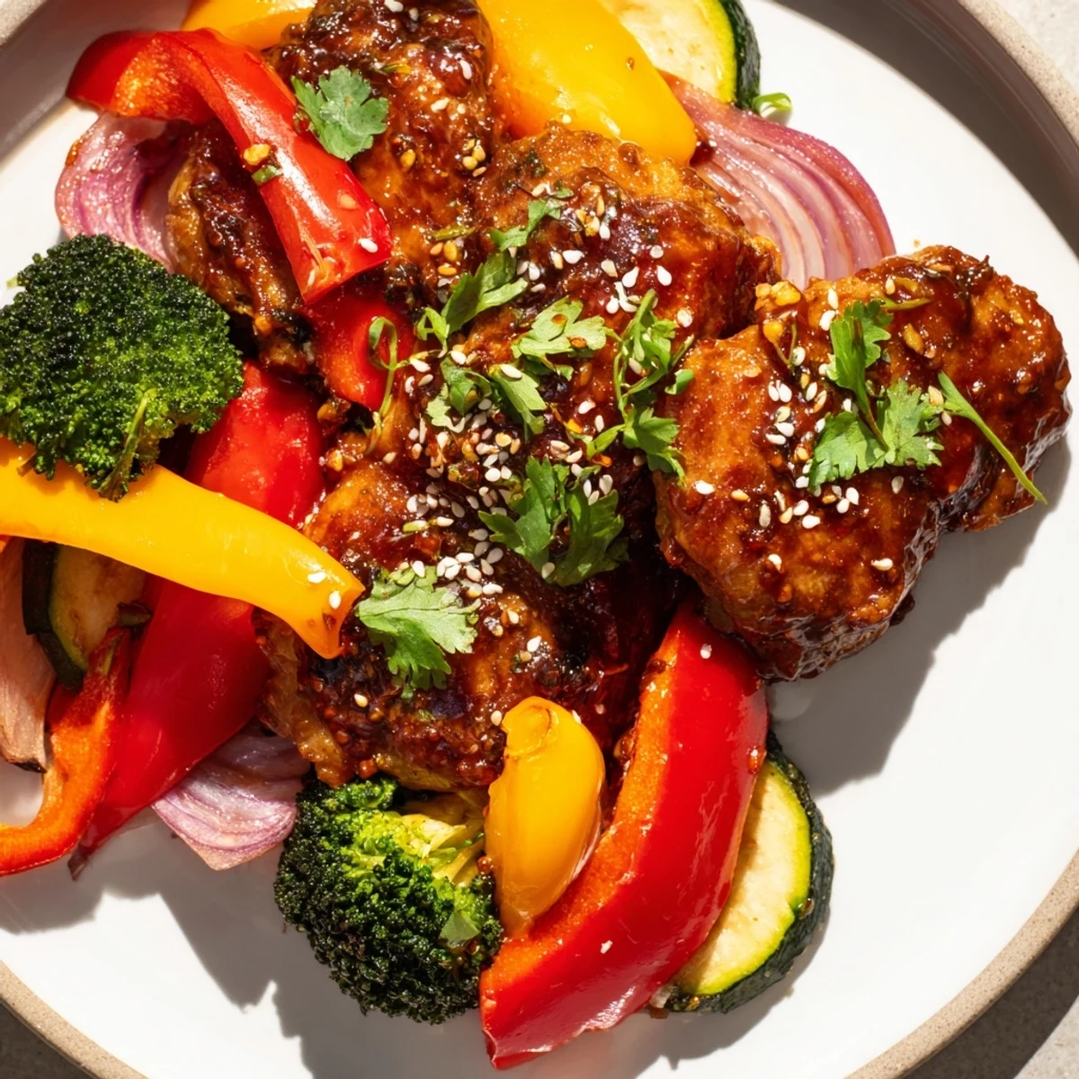 Sheet pan full of Spicy Honey-Garlic Chicken, glistening with a sticky glaze and roasted vegetables.