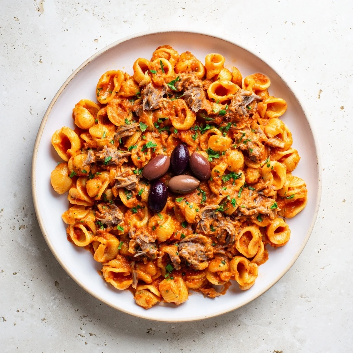 Steaming Puttanesca Ditalini, a flavorful Italian pasta dish with vibrant tomatoes and briny olives.