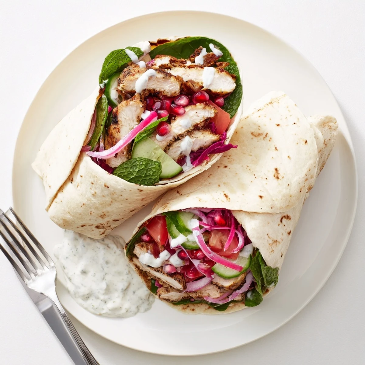 Warm, flavorful Greek Yogurt Chicken Shawarma Christmas wrap stacked with vibrant holiday vegetables and creamy sauce.