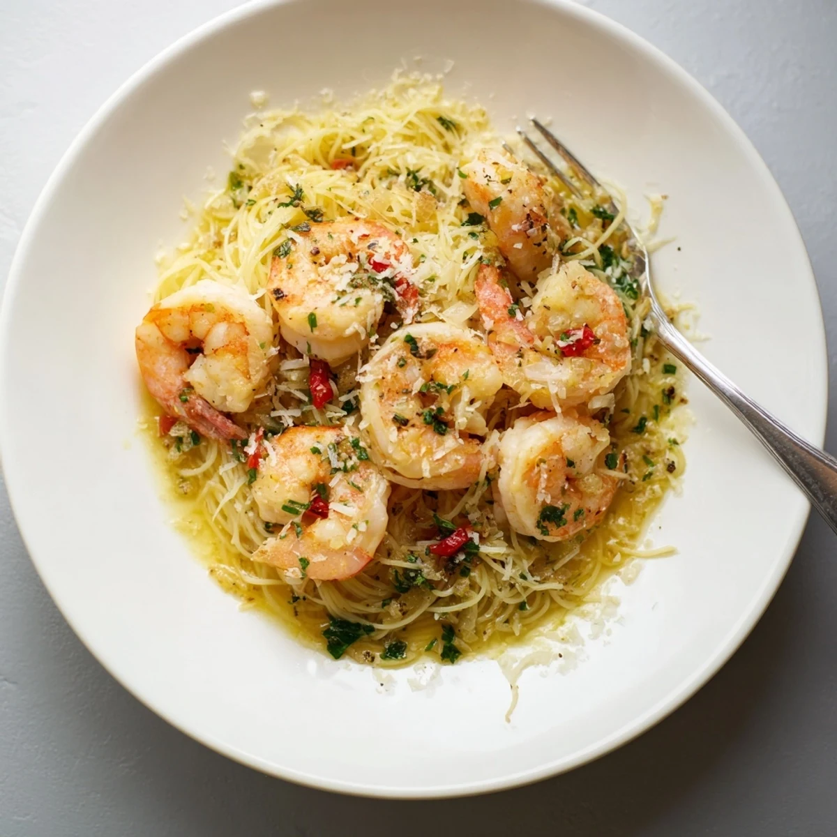 Creamy One-Skillet Lemon Garlic Shrimp Angel Hair Pasta, showcasing tender shrimp and delicious, flavorful pasta.