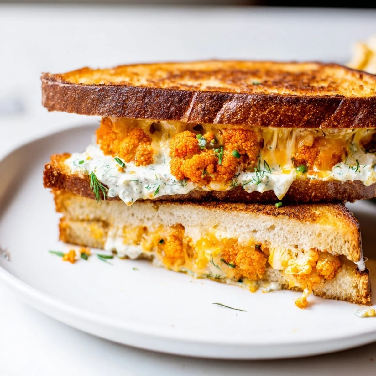 Golden, gooey Buffalo Cauliflower Ranch Grilled Cheese, showcasing crispy bread and melted cheese, perfect for lunch.